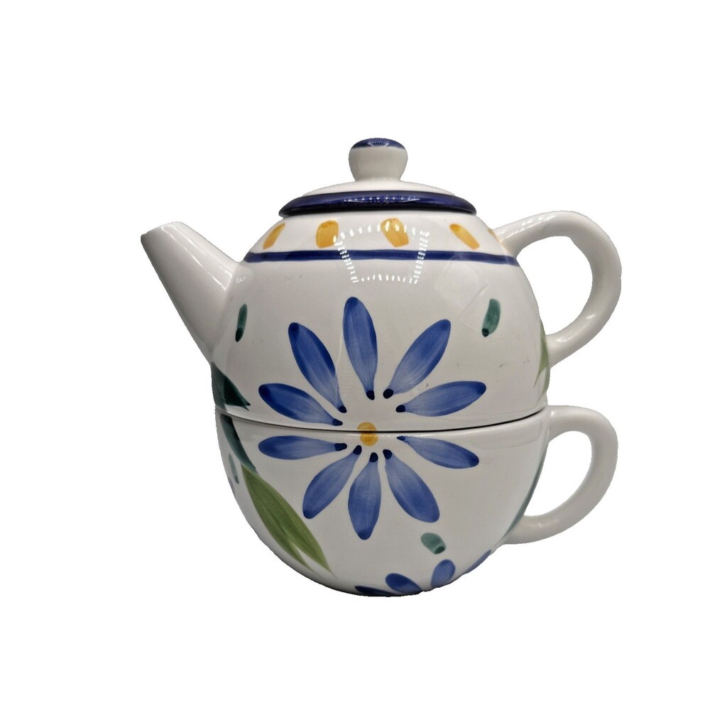 Vintage Peggy Jo Ackley CIC Teapot And Cup Daisy Blue 3pc